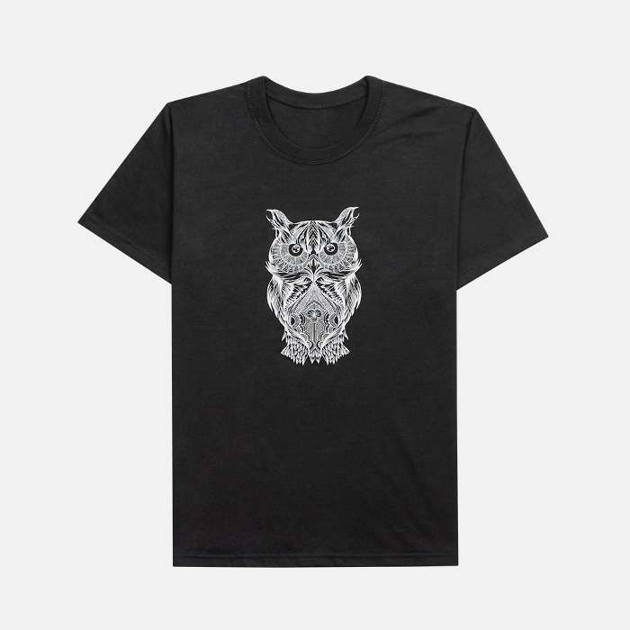 부엉이 나염티 남녀공용 커플 기본핏 프린팅 티셔츠 30수 블랙 반팔티